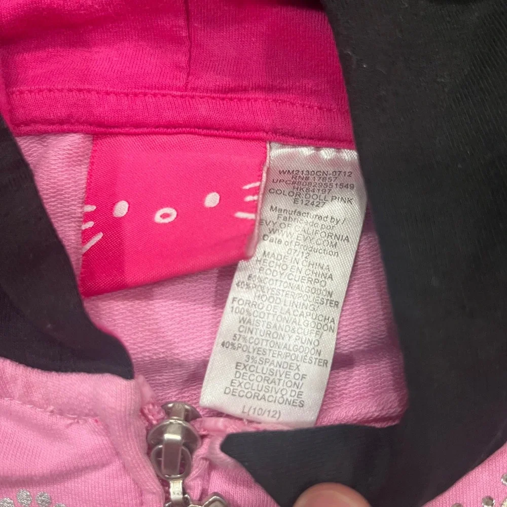 Hello Kitty Girls Pink Black Love Sequin Zip Up Hoodie Sweatshirt Size L Y2K